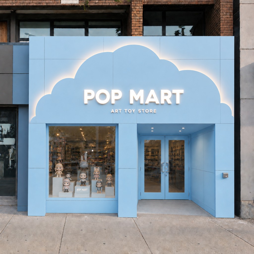 Blue retail storefront concept render with illuminated signage