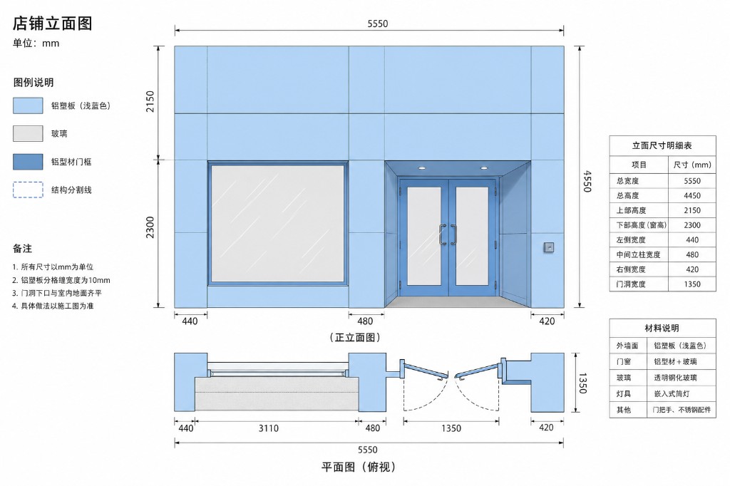 Retail storefront elevation and plan drawing